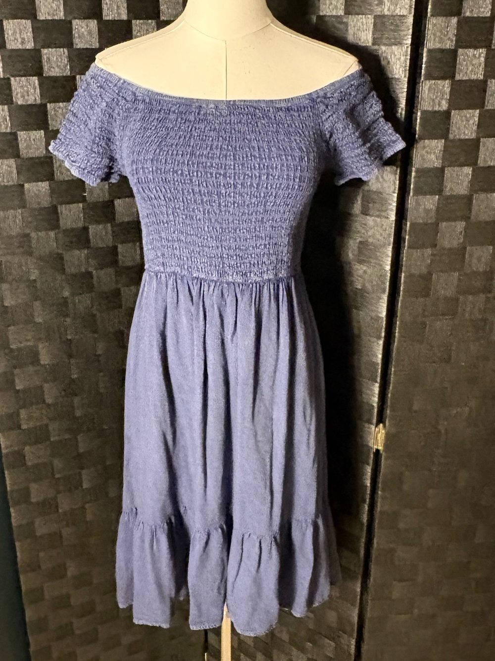 Mlle Gabrielle Chambray Blue Smocked Off the Shoulder Tiered Ruffle Dress
